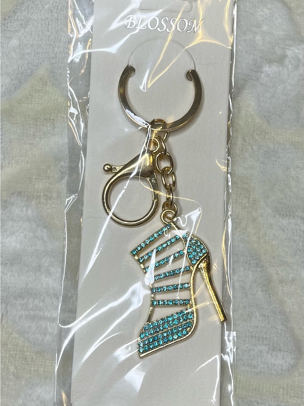 Gold-tone High Heel Keychain Bag Charm with Turquoise Crystals